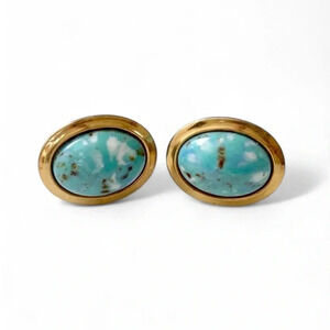 Vintage 60s Faux Turquoise Blue Glass Oval Goldtone Cufflinks